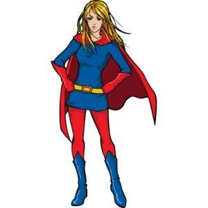 Image of female super hero with blue boots, red tights, blue tunic and red cape