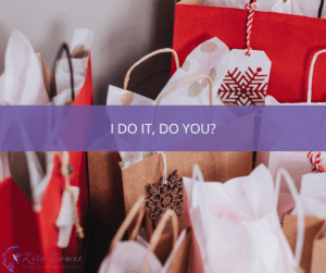 Photograph of red and brown gift bags with snowflake tags and text overlayed that says 'I Do It. Do You?'