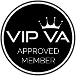 VIPVA Circular logo in black with white crown over VA confirming approved member status
