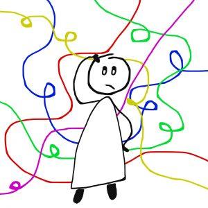 Image of a pencil drawn person in black with multicoloured swirls to show the things being juggled by a virtual administrator daily