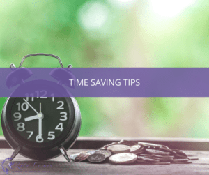 Photograph of alarm clock with coins next to it and text over lay that readsTime Saving Tips