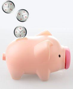 Image of piggy bank with small clocks being put into it
