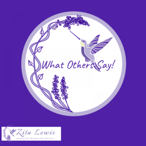 Purple background with circular image of hummingbird and flowers and text what others say
