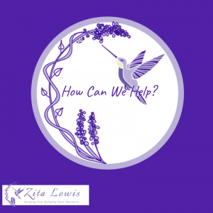 Purple background with circular image of hummingbird and flowers and text how can we help?