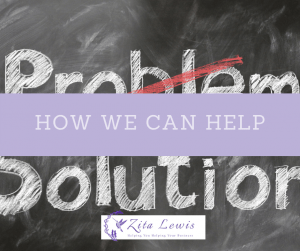 Chalkboard with problem, solution written on it - over layed with how we can help written on a purple background and zita lewis logo below