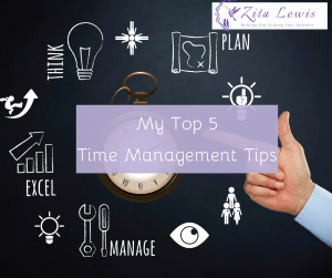Image of clock and finger pointing at it with Zita Lewis log and title my top 5 time management tips