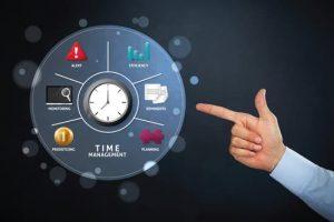 Finger pointing at circle depicting a clock surrounded by efficiency, reminders, planning, prioritizing, monitoring and alert.