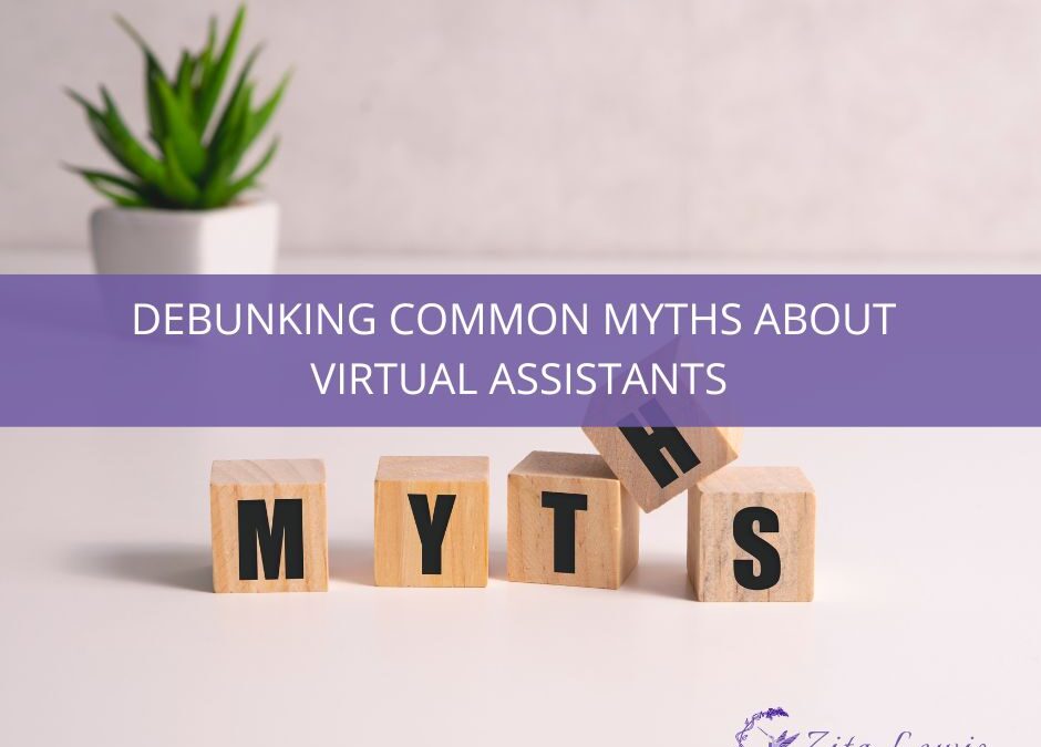 Debunking Common Myths About Virtual Assistants - picture of a cactus in a pot and the word myths in wooden blocks