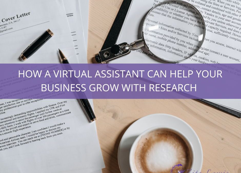 How a Virtual Assistant Can Help Your Business Grow with Research - picture of papers, cup of coffee and a magnifying glass