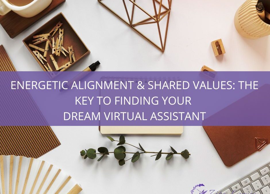 Holistic VA for Your Wellness Business: Finding a Match for Your Values & Vision - picture of a desk containing a candle, sage, a keyboard, a plant, a cup of herbal tea and a prism