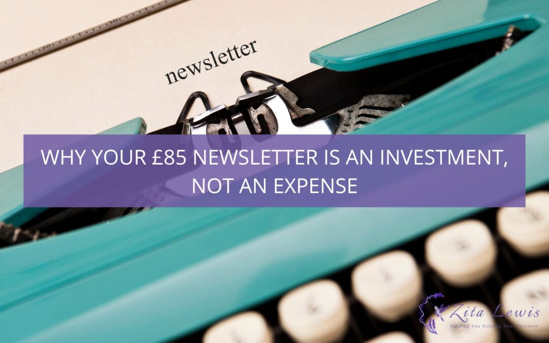 Why Your £85 Newsletter is an Investment, Not an Expense - picture of an old turquoise coloured typewritter with the word newsletter typed on a piece of paper inside it