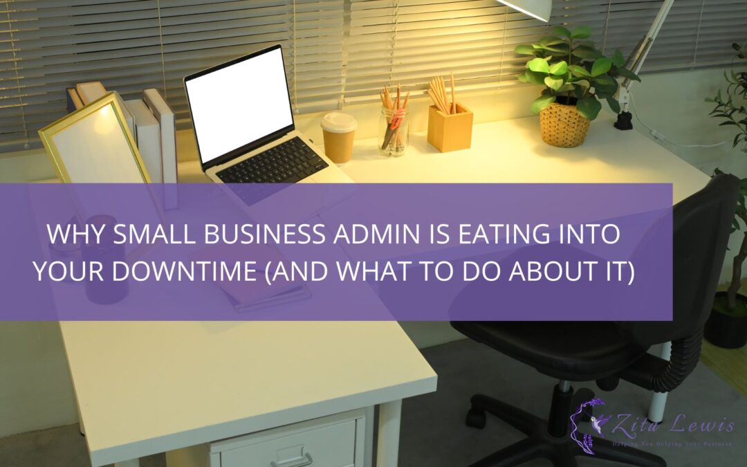 Admin Support for Small Business Professionals: Why Your Business Admin Is Stealing Your Evenings - picture of a dimly lit desk with an open laptop on it